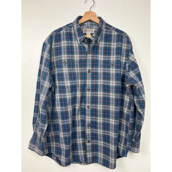 Duluth Trading Mens Blue Gray Red Plaid Button Down Flannel Size Large Outdoor - Picture 1 of 12